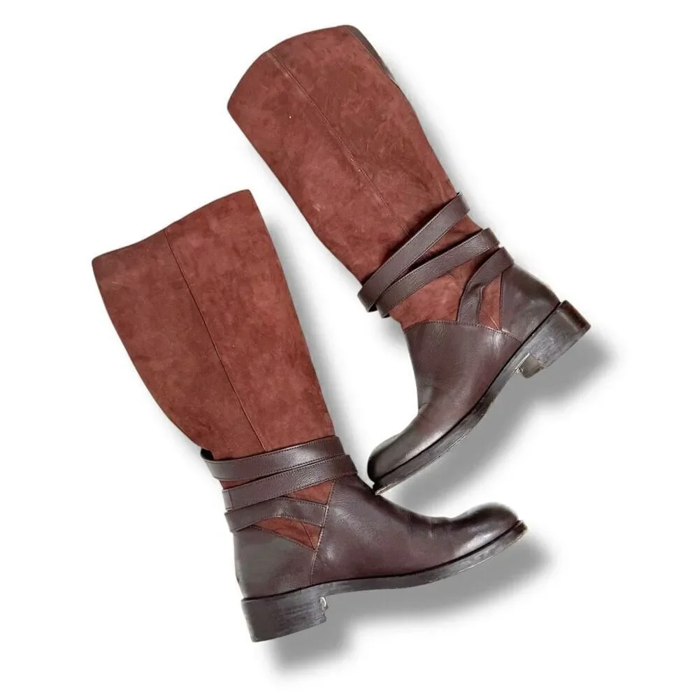 Jimmy Choo DARLA Riding Boots Tall Knee Buckles Flat Brown Leather Suede Size 38